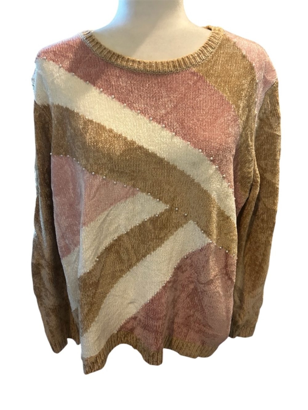 Alfred Dunner Pink, Cream & Tan Pearl-Trim Colorblock Crewneck Sweater